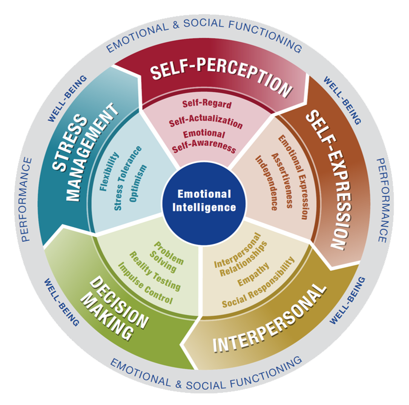 The EQ-i 2.0 model: emotional intelligence at the centre, surrounded by 5 composites (self-perception, self-expression, interpersonal, decision making, stress management) and their 15 subscales