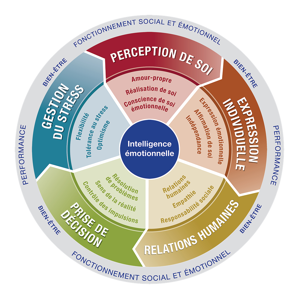 Le modèle EQ-i 2.0 : l&rsquo;intelligence émotionnelle au centre, entourée de 5 composites (perception de soi, expression individuelle, relations humaines, prise de décision, gestion du stress) et de leurs 15 sous-échelles