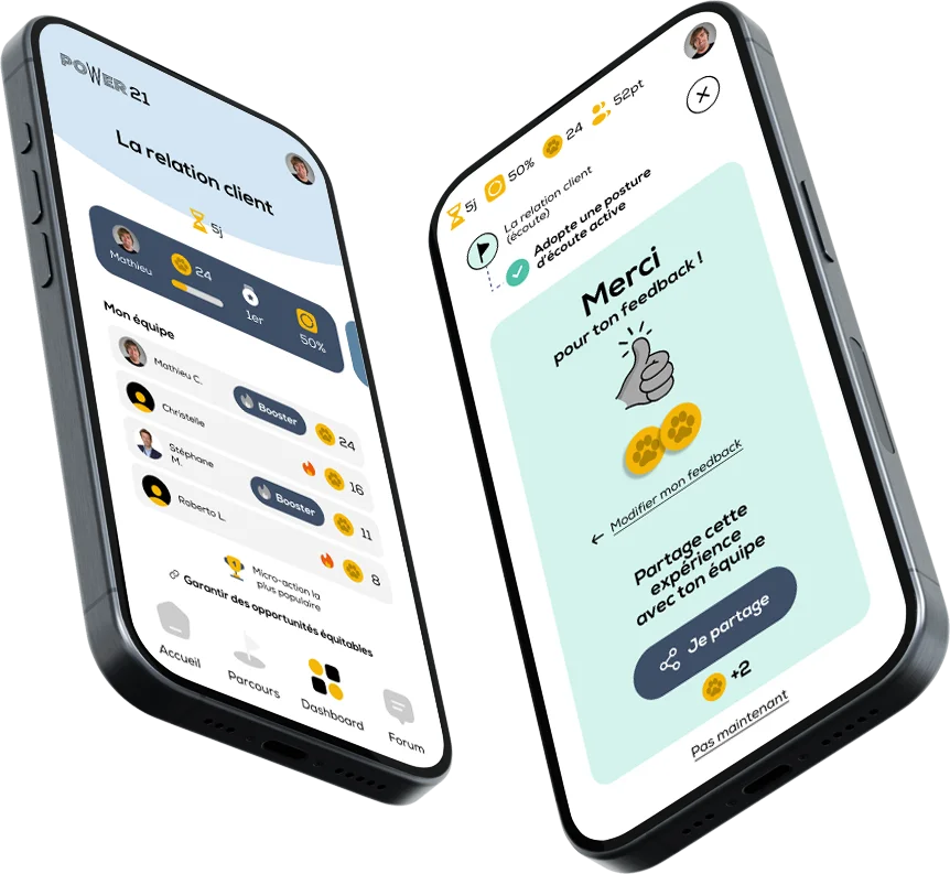 The Power 21 app on two smartphones: team dashboard and a completed micro-action
